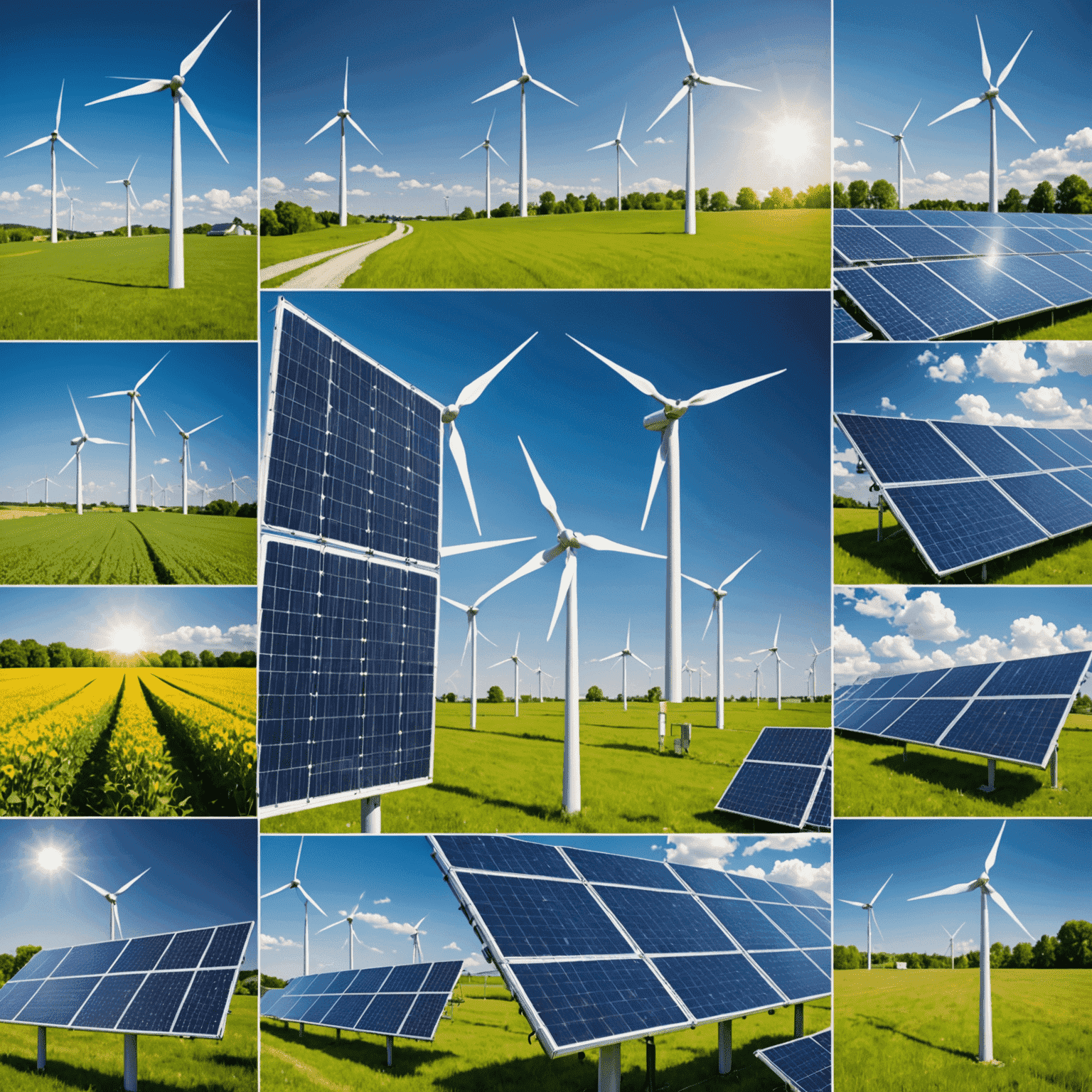 Collage de tecnologías modernas para eficiencia energética, incluyendo paneles solares, turbinas eólicas y sistemas de gestión inteligente
